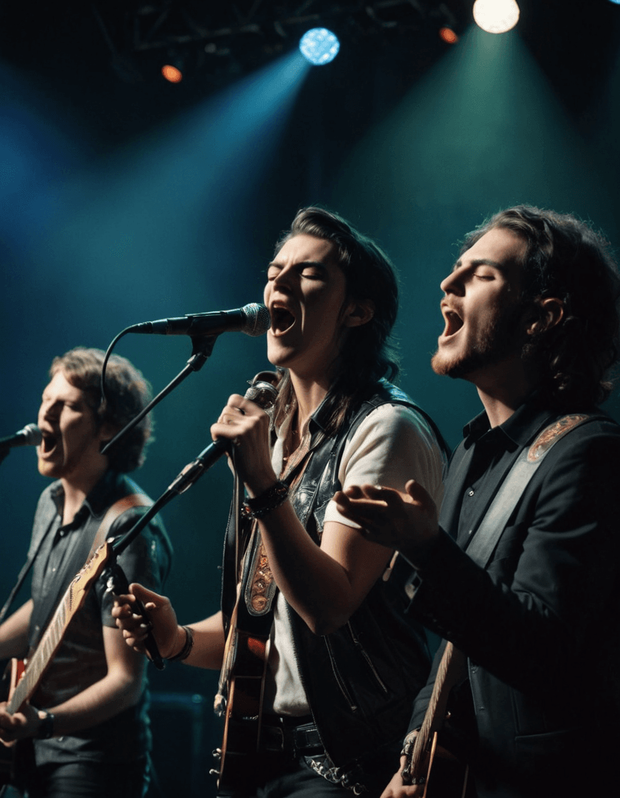 Musicians singing into a microphone